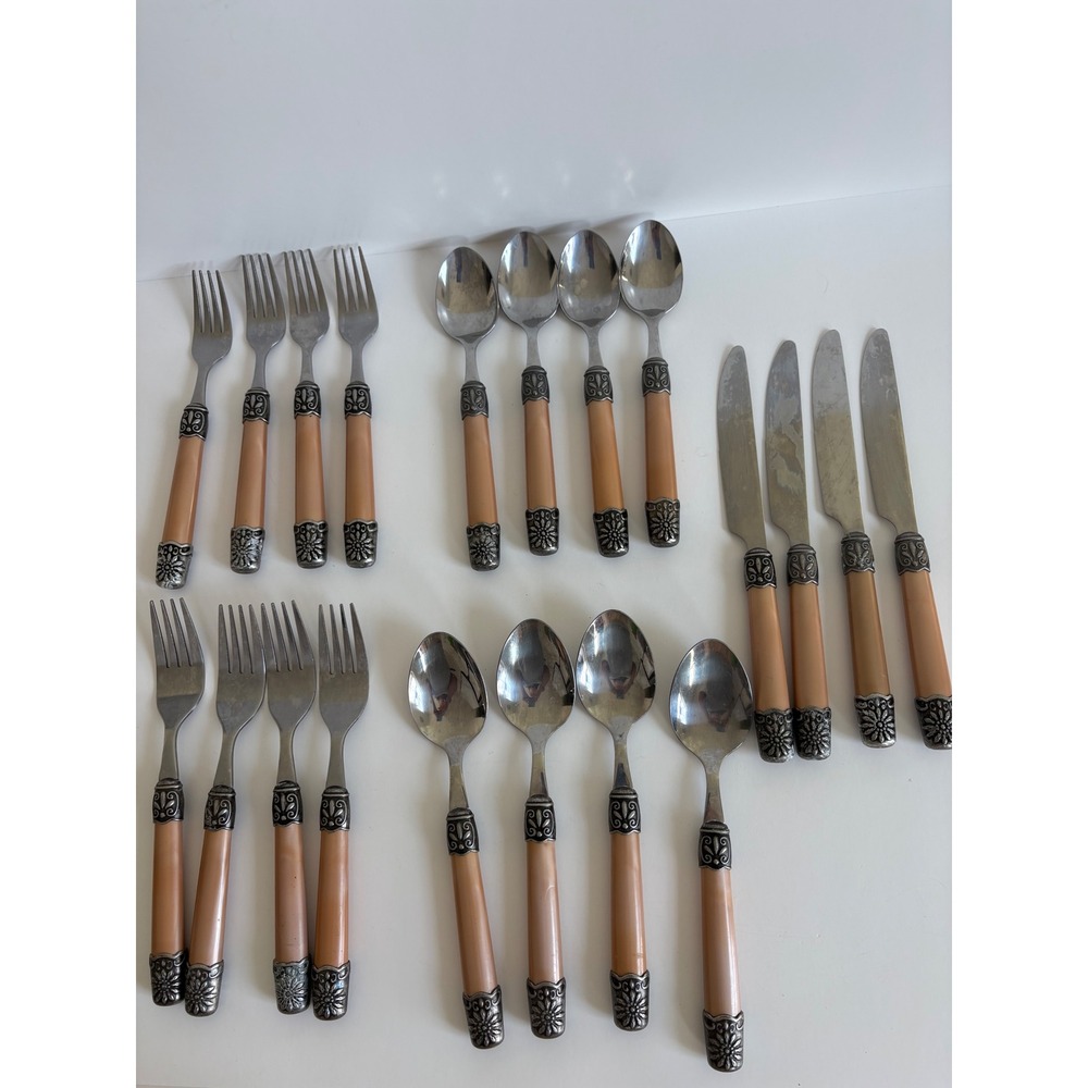 Vtg 20 Pc Flatware Laurie Gates Hampton‎ TanBrown Handles Silver Filigree Floral